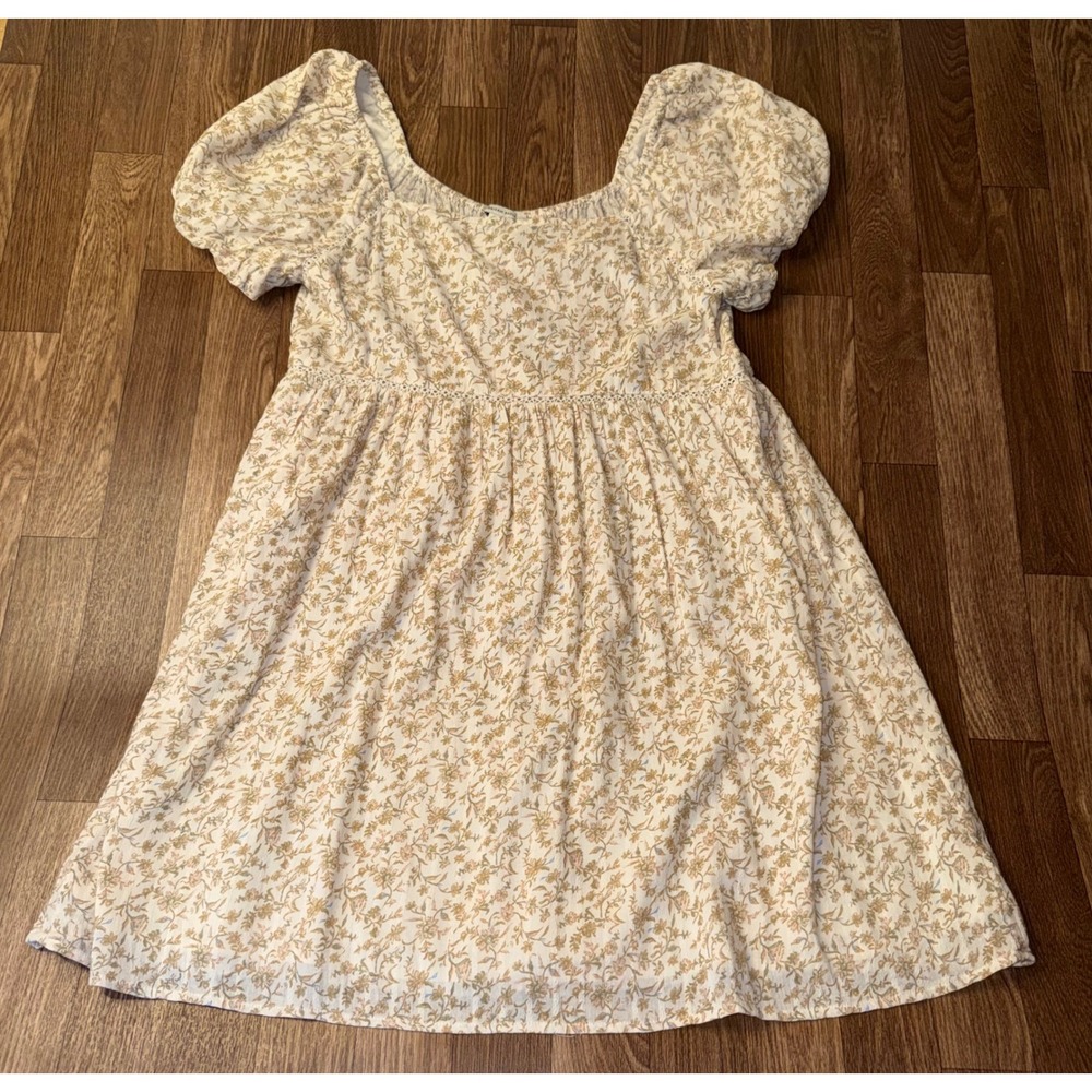 American Eagle Floral Puff Sleeve Babydoll Mini Dress Cream Neutral Large